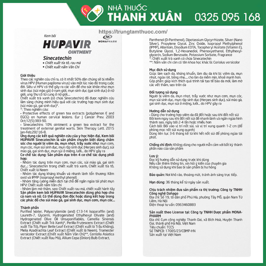 Kem bôi Hupavir Ointment giúp hỗ trợ điều trị mụn cơm, mụn cóc, sùi mào gà, gai sinh dục, kích thích quá trình tái tạo tế bào da mới, làm mờ các vết thâm